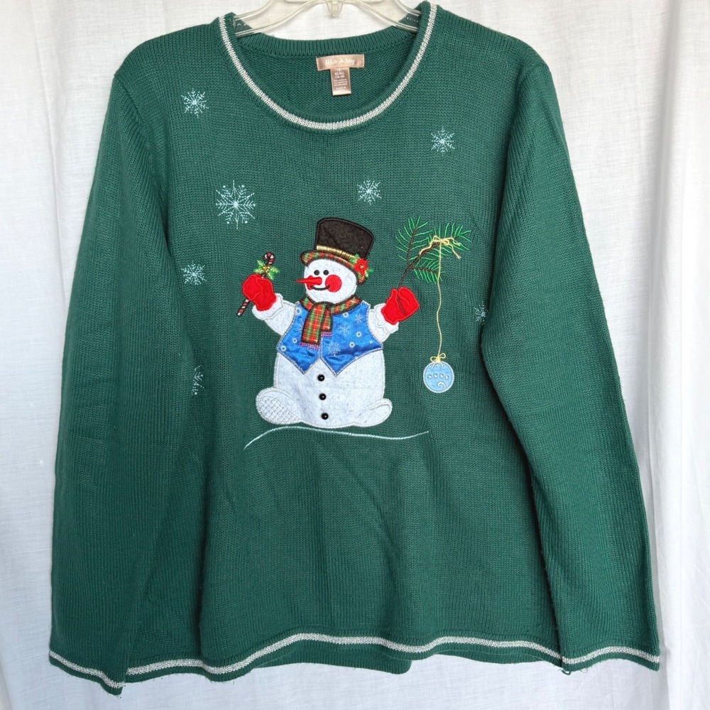 Y2K Ugly Grandma Sweater 2000s Green Embroidered Holiday Festive White Stag XL